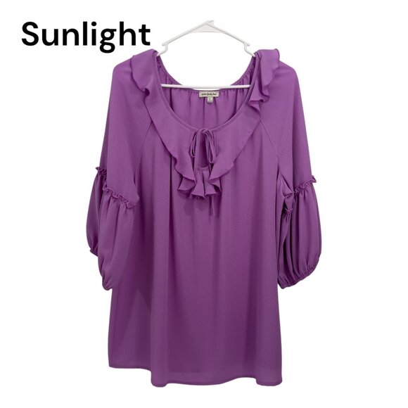 Seven Forty two Women Purple Ruffle Tie-Neck Blouse SZ Large 3/4 Puff Sleeves - Picture 1 of 10